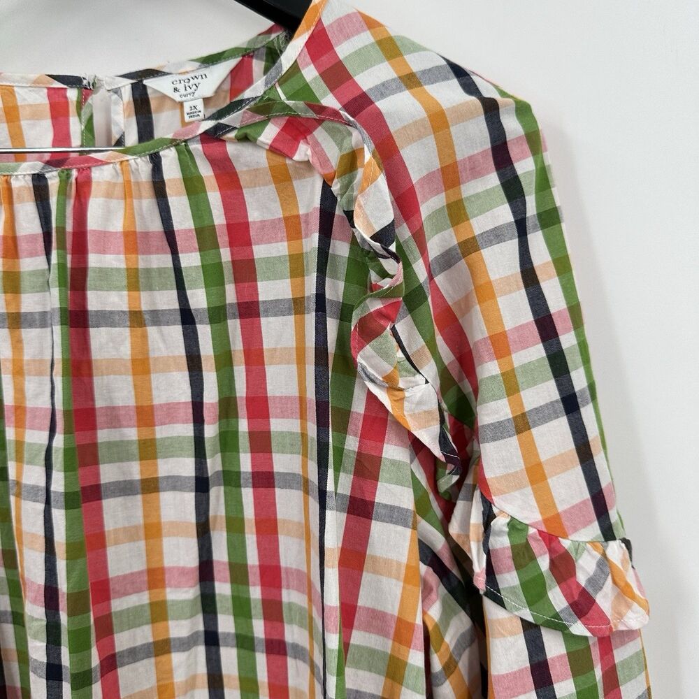Crown & Ivy Top Size 2X Plaid Colorful Vibrant Ruffle Cotton Long Sleeve - Picture 3 of 8